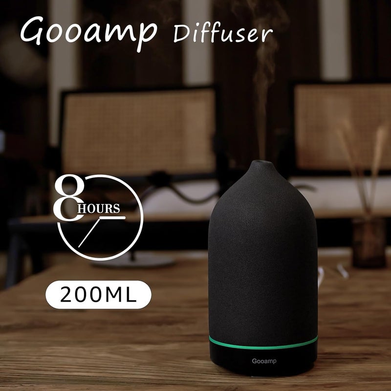 Gooamp جهاز توزيع الزيوت العطرية السيراميكي 200 مل - العلاج العطري بالموجات فوق الصوتية ورذاذ الرطوبة مع 7 ألوان من أضواء LED، إيقاف تلقائي، أسود، مؤقت 1 ساعة/3 ساعات/6 ساعات | رائحة للمنزل، المكتب، اليوغا - Image 3